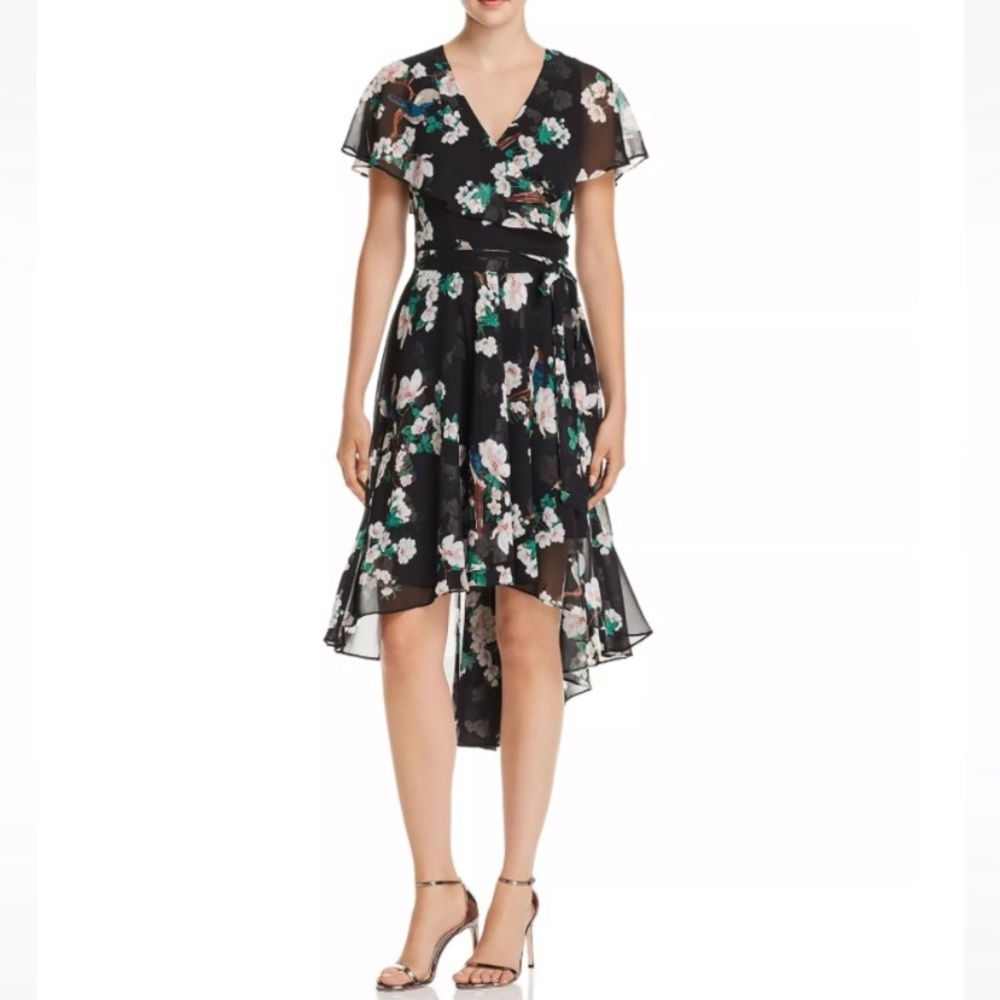 Eliza J High/Low Floral Print Chiffon Faux-Wrap Black Midi Dress Size 16